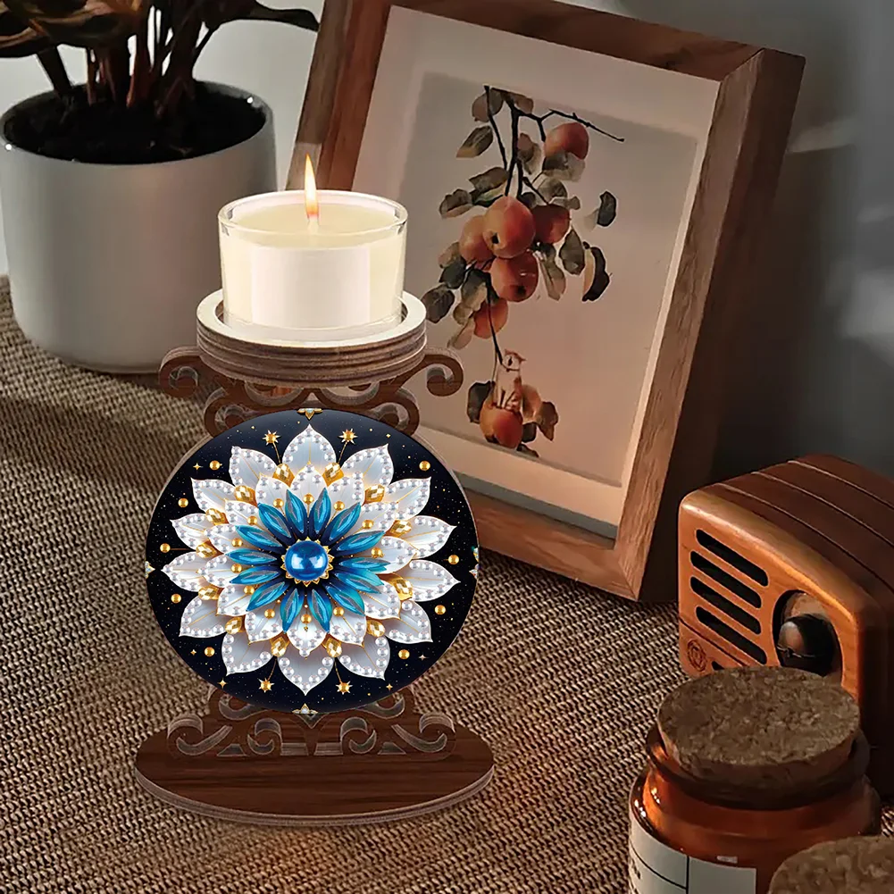 Wooden Diamond Painting Candle Holder Rhinestone Candlestick Decor (Mandala A)
