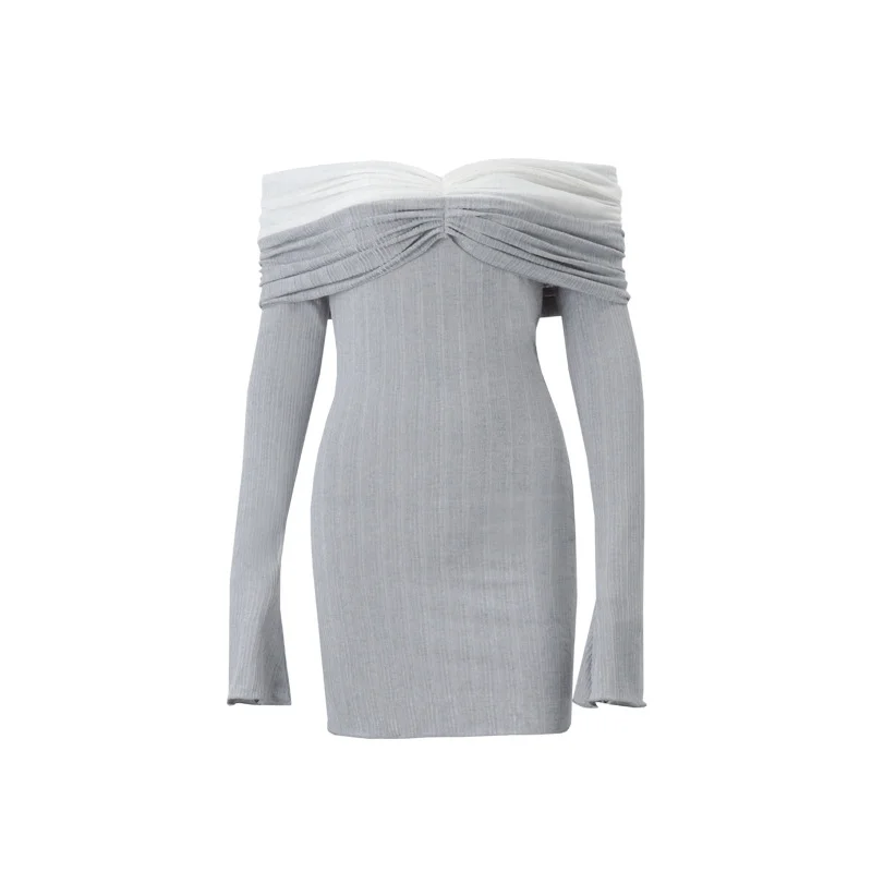 Uveng Uveng Women's Fall 2024 New French Temperament Sexy One Word Shoulder Color Knit Long Sleeve Dress