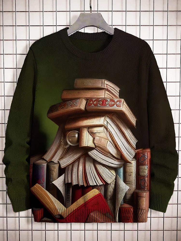 Men's Funny Books Old Man Reading Print Knit Sweatshirt