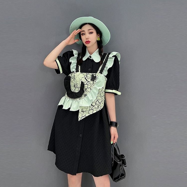 Fashion Turn-down Collar Patchwork Short Sleeve Dress With Printed Ruffle Camisole