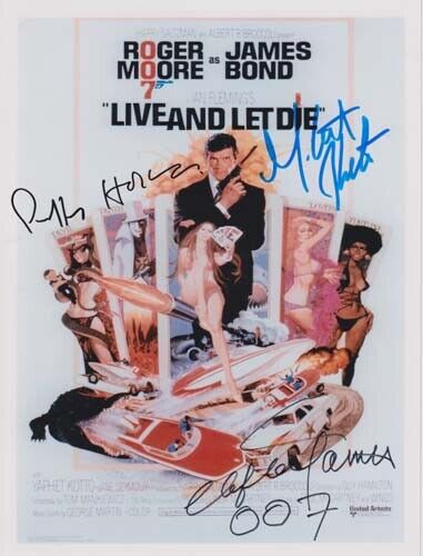 LIVE AND LET DIE RARE TRIPLE SIGNED 007 JAMES BOND AUTHENTIC CAST AUTOGRAPHS!