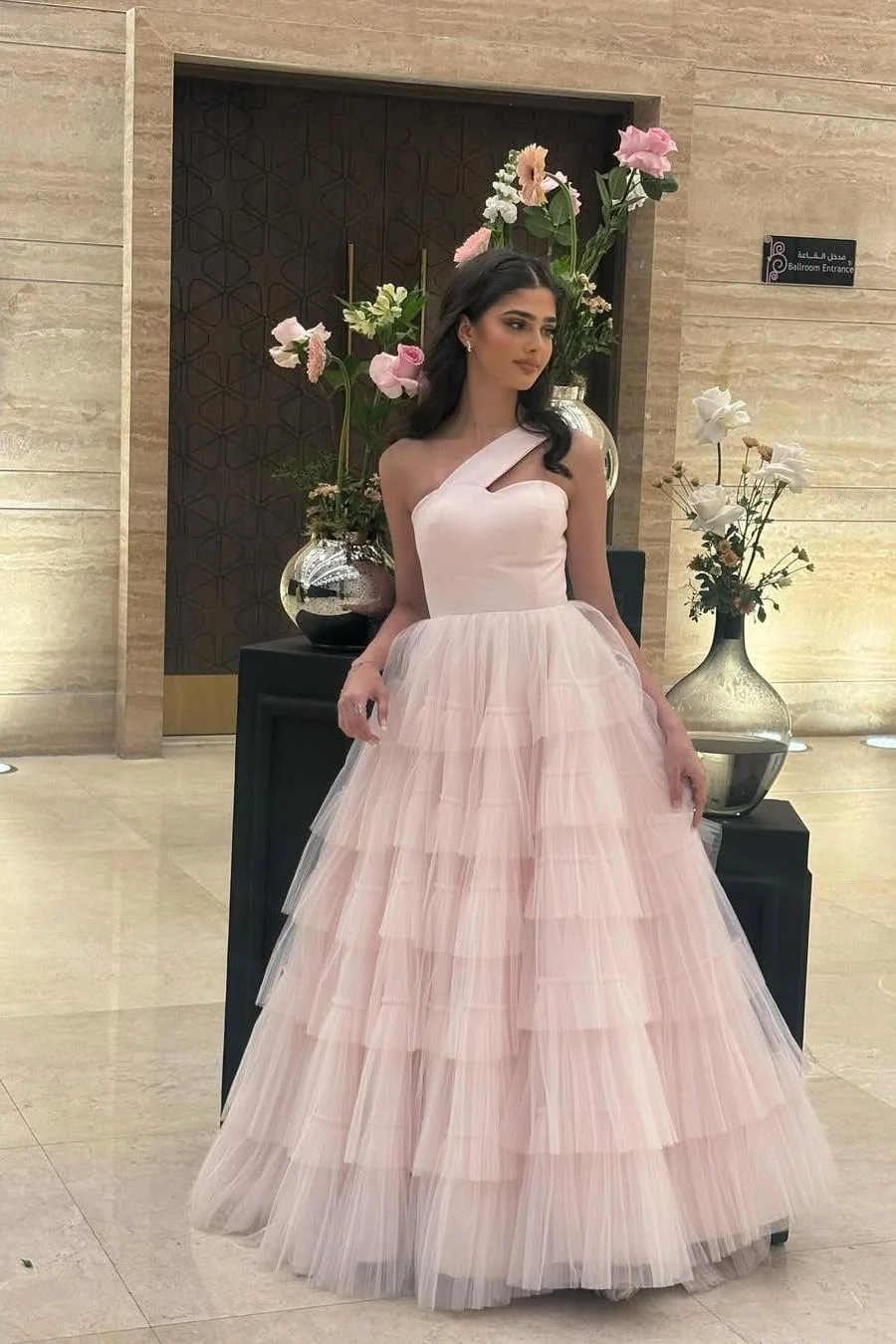 Miabel Elegant Blushing Pink Tulle One Shoulder Sleeveless Princess Tutu Prom Dress with Pleated 