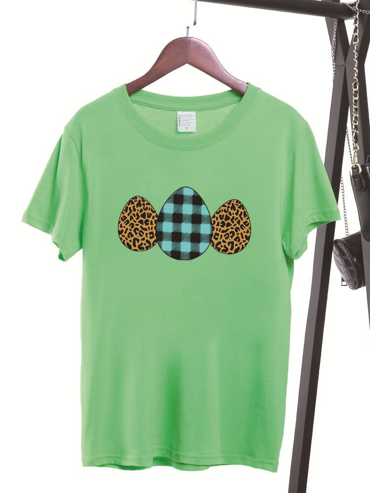 Women Easter Eggs Plaid Leopard Print Short Sleeve O neck T Shirt P1829716