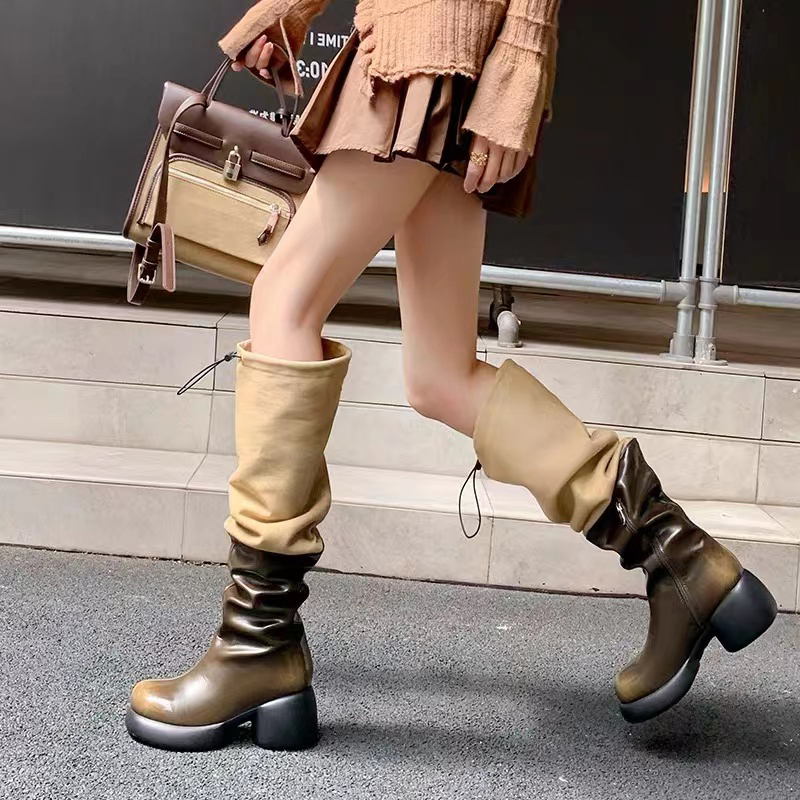TAAFO Mixed Color Chunky Heels Round Toe Loose Stretchy Top Western Boots Women Knee High Booties Patchwork Shoes
