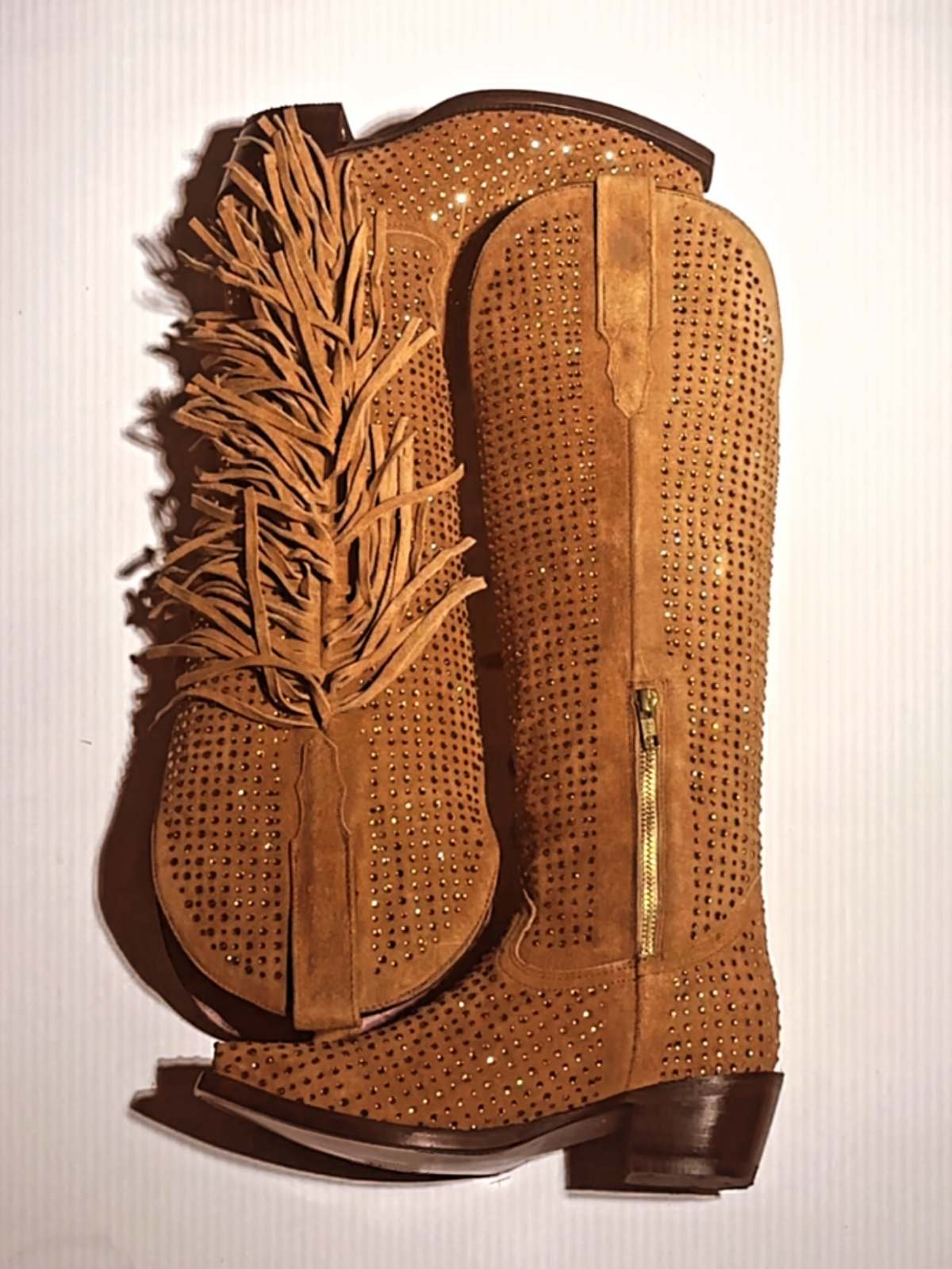 Taafo Brown Faux Suede Snip-Toe Half-Zip Fringe Rhinestone Knee High Tall Cowgirl Boots