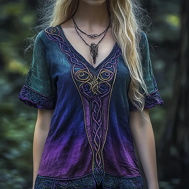 Vintage Viking Celtic Knot Gradient Art Linen T Shirt