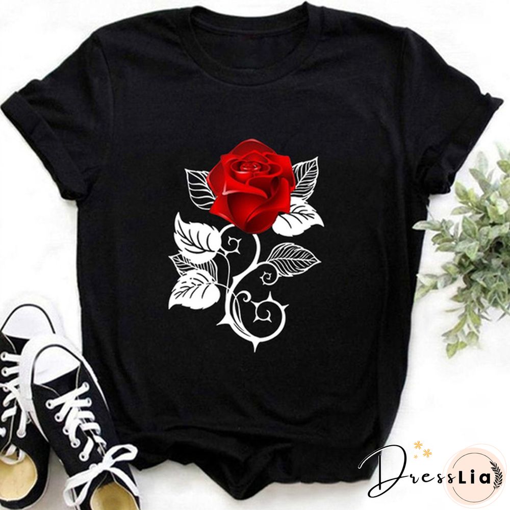 Girls and Women's Fashion Red Rose Printed T-Shirt Cute Graphic Tee Shirt Ladies Summer T-shirts Casual Plus Size Tops Flower T Shirts