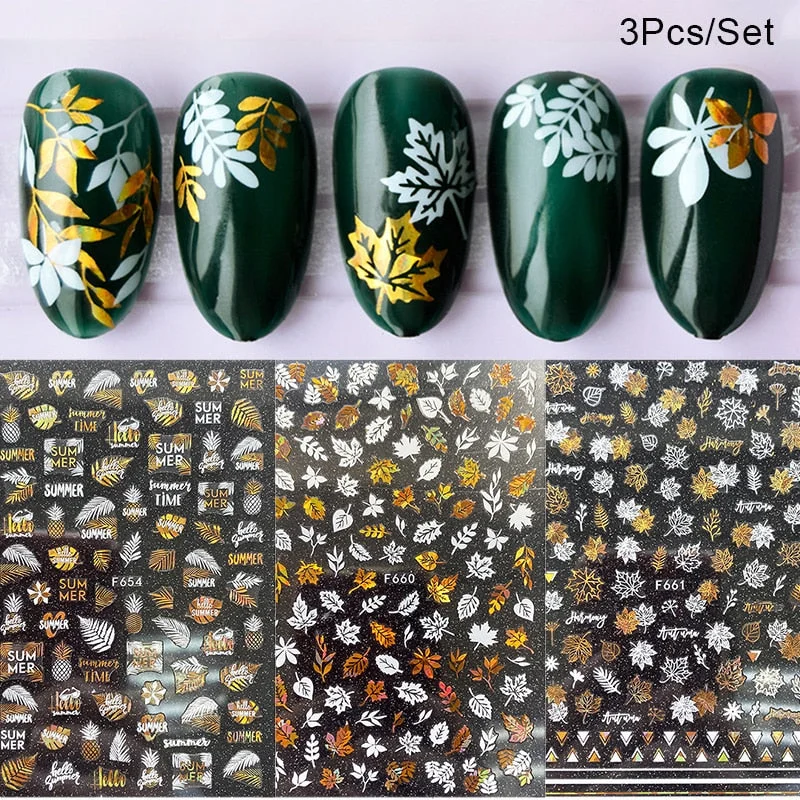 1 Sheet iridescent Nail Sticker Black leave 3D Transfer Beautiful Nail Decals Decoration Summer Popupar DIY Nail Design
