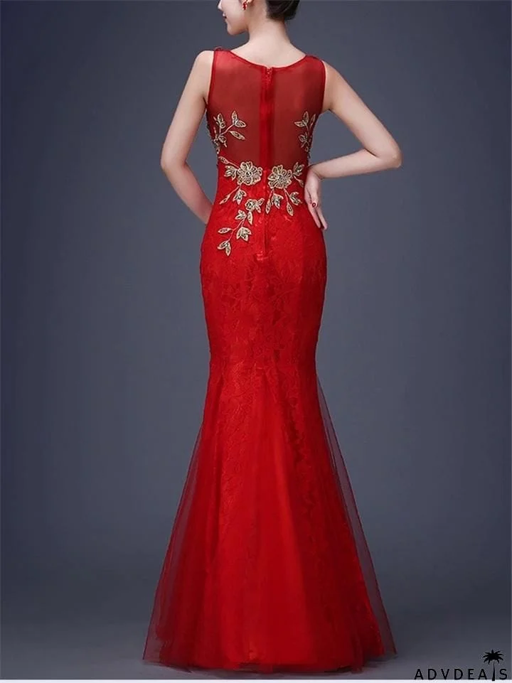 Sexy V Neck Trumpet Mermaid Sleeveless Lace Dress For Prom