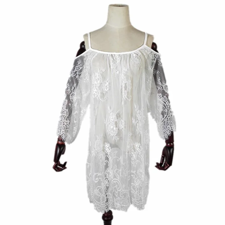 Brownm Brownm Women's Solid Color Lace Hook Sunscreen Off Shoulder Sexy Beach Dress Bikini Smock