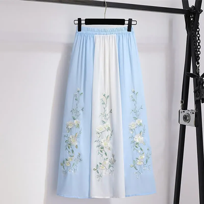 Vintage Hanfu Floral Embroidery Shirt Skirt Two Pieces Set