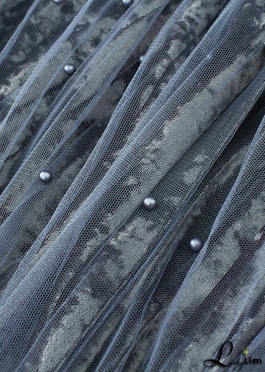 Elegant Grey Blue Elastic Waist Silk Velour Skirts Spring