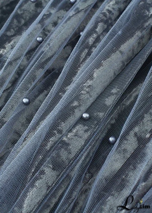 Elegant Grey Blue Elastic Waist Silk Velour Skirts Spring