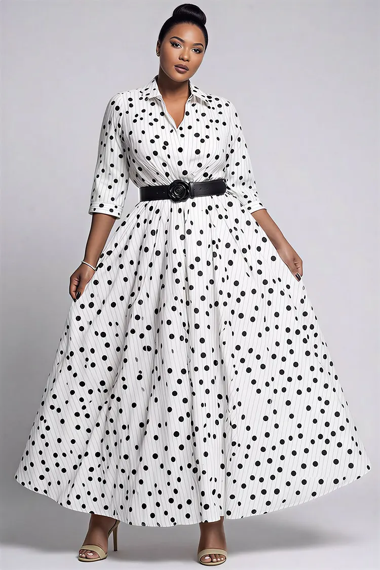 Xpluswear Design Plus Size Business Casual White Polka Dot Shirt Collar 3/4 Sleeve Pocket Maxi Dresses [Pre-Order] 2024 - Xpluswear