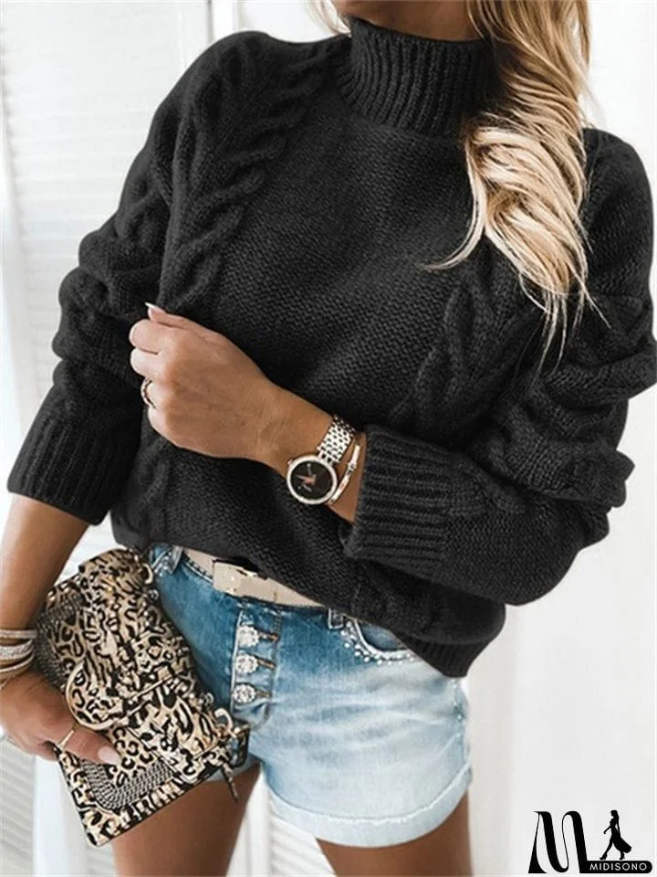 MidiSono - Casual Twisted Solid Color High-Neck Long-Sleeved Knitted Sweater