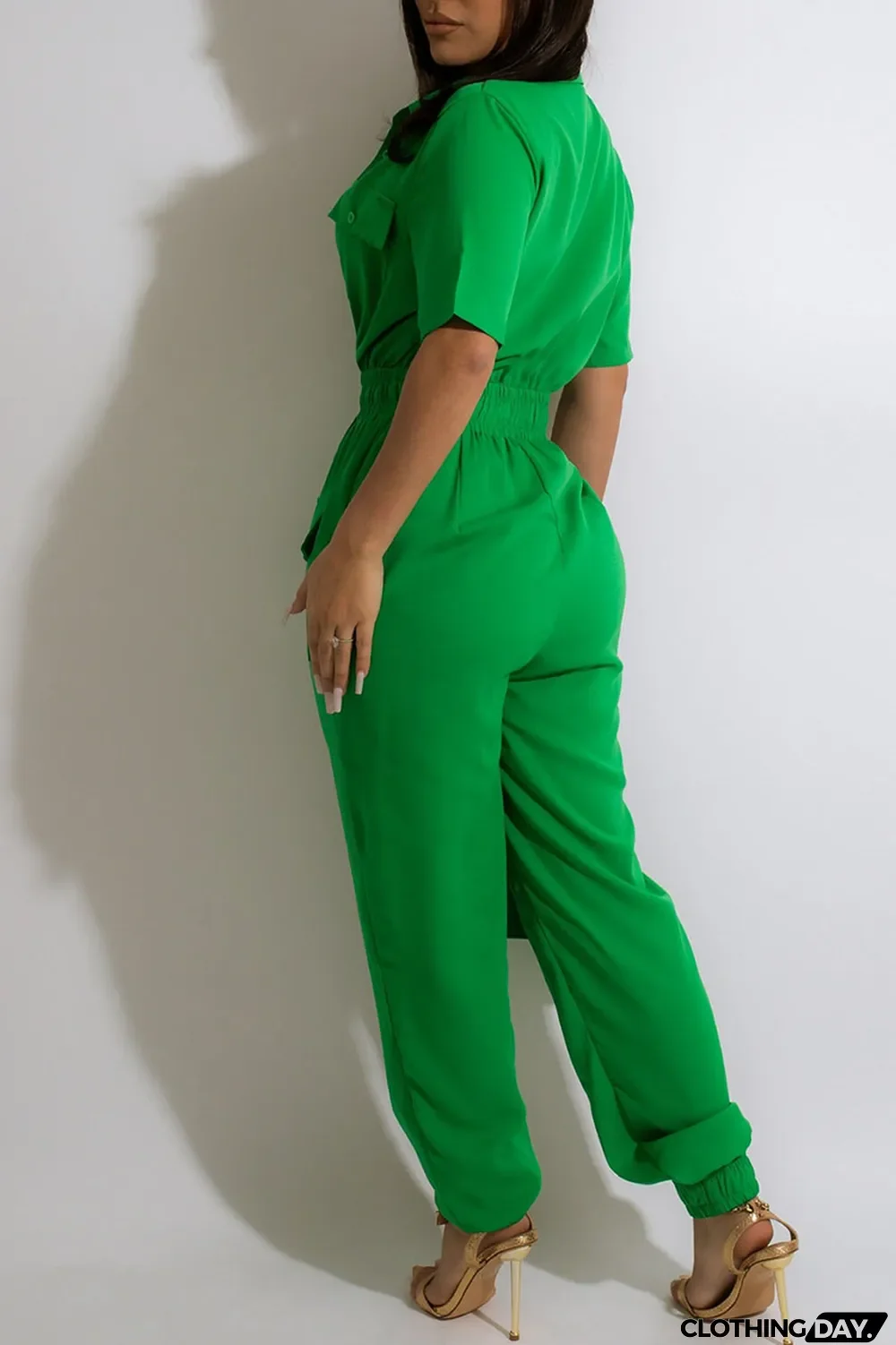 Green Casual Solid Split Joint Buckle Turndown Collar Regular Jumpsuits