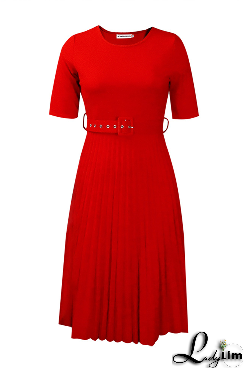 Red Casual Print Fold O Neck Waist Skirt Dresses