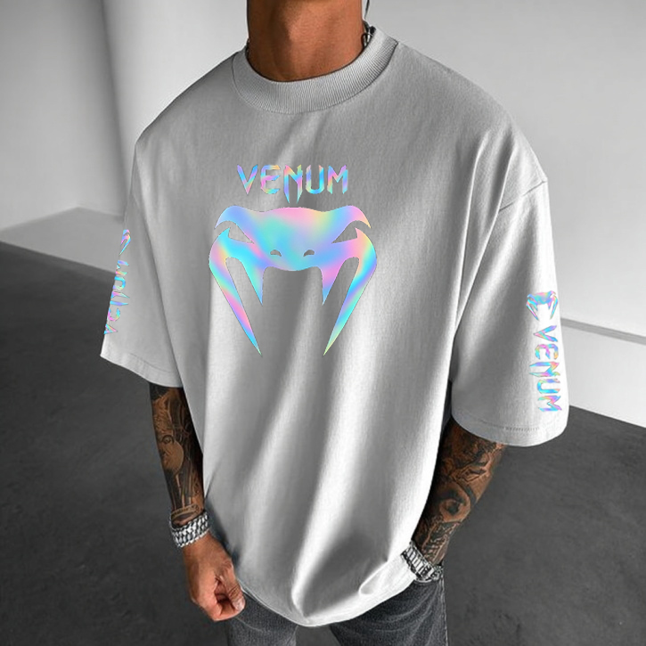 Men's Gray Loose Casual Combat Print Short-sleeved T-shirt / TECHWEAR CLUB / Techwear