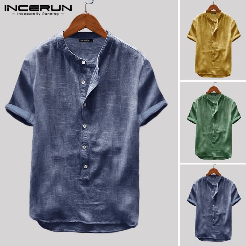 INCERUN 2021 Breathable Mens Shirt Button Up Loose Short Sleeve Solid Color Pullovers Harajuku Vintage Casual Shirt Men Camisa