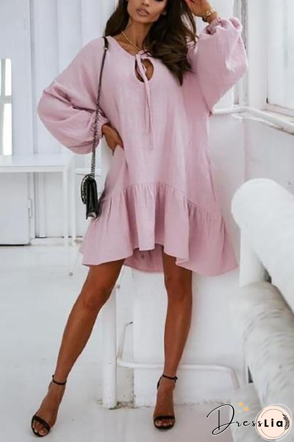 Linen Lace Up Puff Sleeve Mini Dress