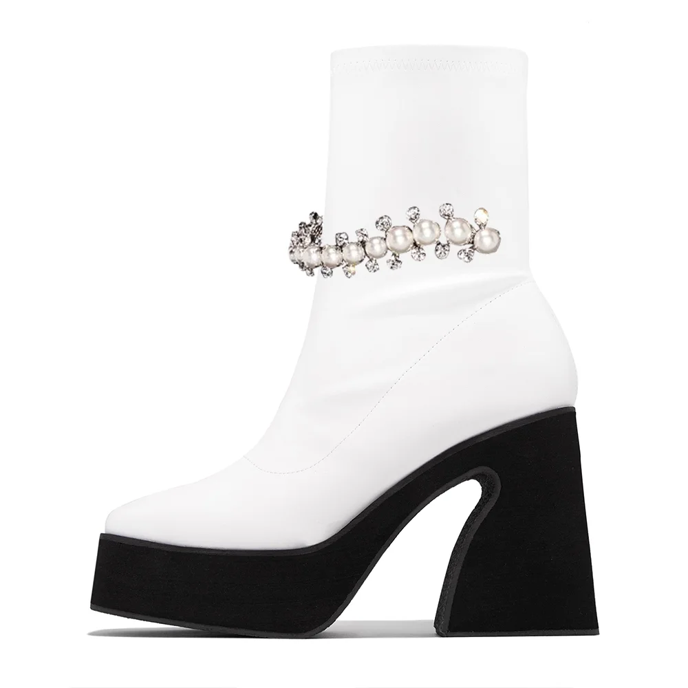 White Leather Boots Pearl Decor Platform Chunky Heel Booties Nicepairs