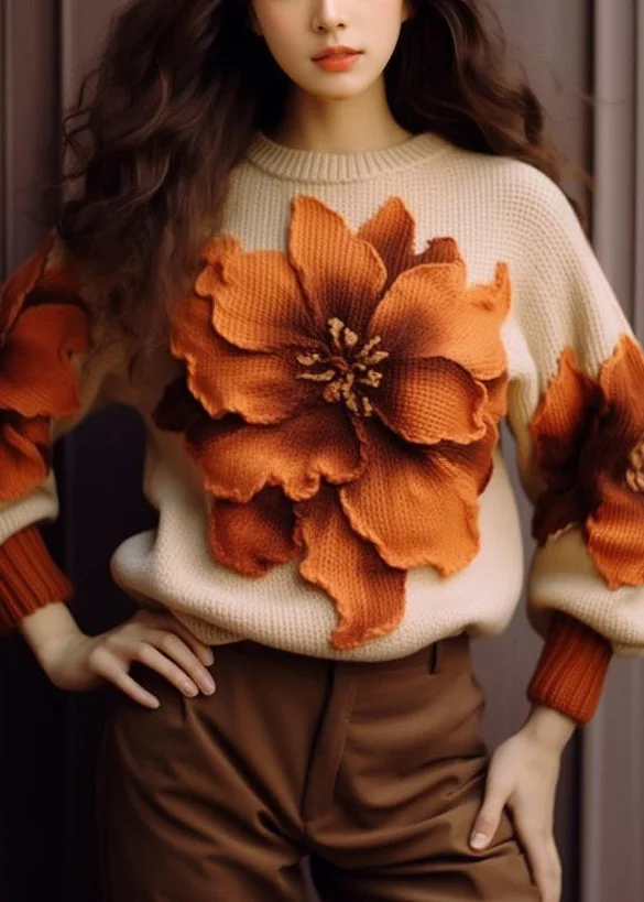 Elegant Apricot Floral Patchwork Cozy Knit Sweaters Fall