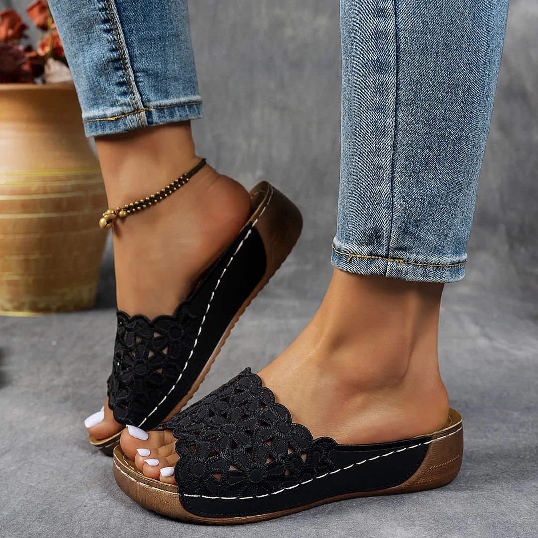 Breakj Breakj Summer New Women's Thick Bottom Slippers Large-Size Fish Mouth A Word Wide Striped Thick Bottom Slippers Women