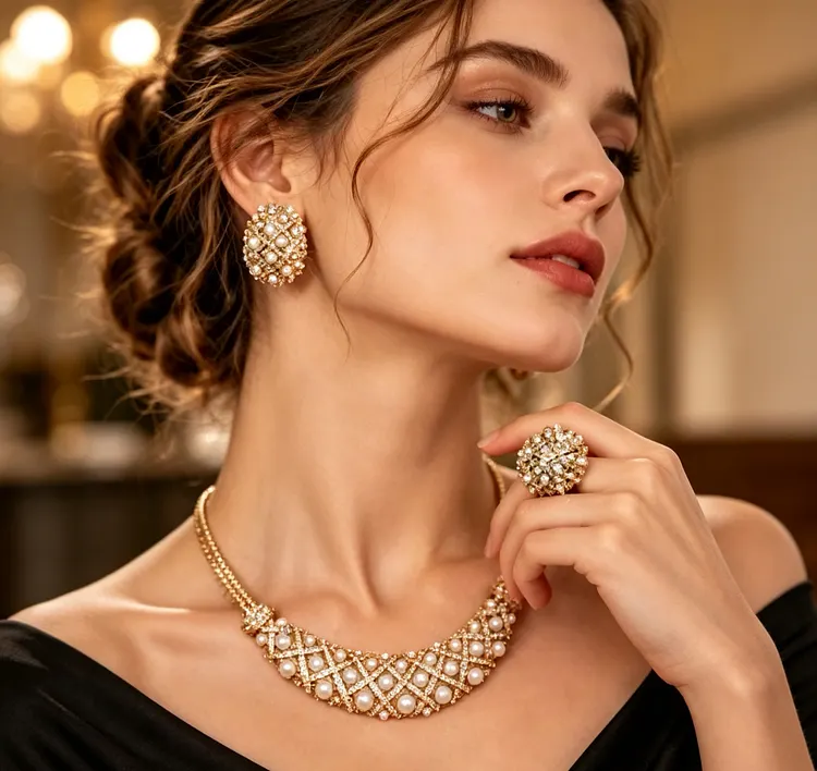 3-piece set (necklace + earrings + ring)Retro Luxe Pearl Jewelry Set &ndash; Vintage-Inspired Gold Crystal Necklace, Earrings & Statement Ring for Women