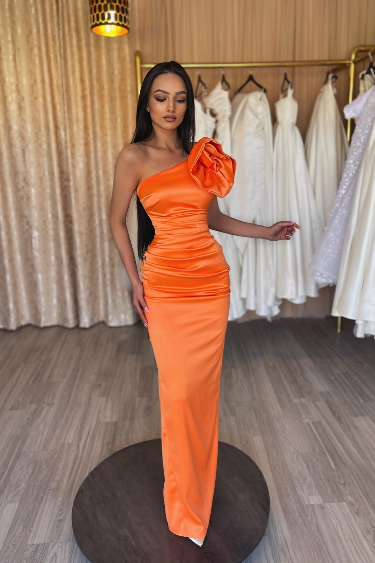 Modern Orange One Shoulder Prom Dress Sleeveless Sheath Evening Gown - lulusllly
