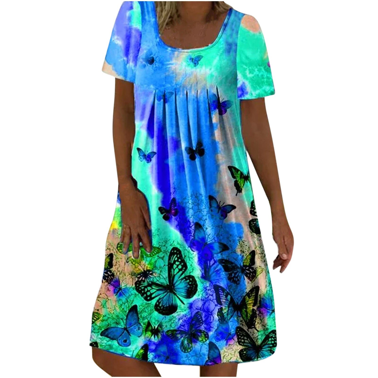 Women's Casual Fashion Dazzling Butterfly Print Round Neck Short Sleeve Dress