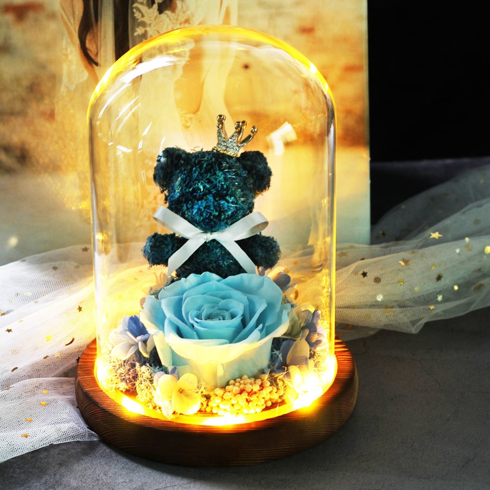 Beatea Blue Preserved Rose Teddy Bear Glass with LED Light In Glass Dome