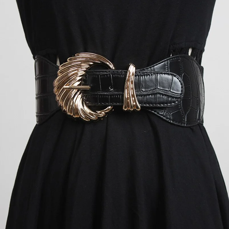 Female Wide Belt Gold Square Buckle Waist Strap Decorative Girdle With Skirt Black Elastic Pin Buckle All-match Tunic Waistband
