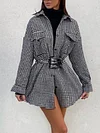 Fashion Houndstooth Lapel Collar Long Sleeves Shirt Coat