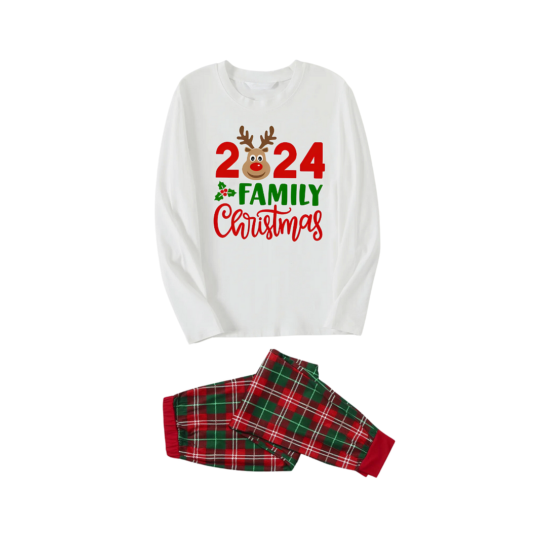 "2024 Family Christmas" and Deer Printed Red & Green Plaid Family Matching Pajamas