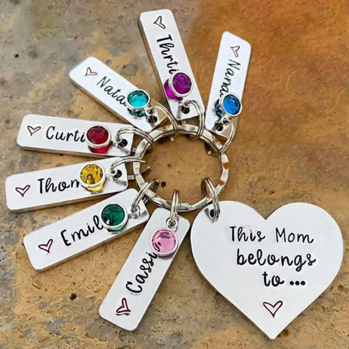 Personalized Keychain With Engraved 7 Names and 7 Birthstone Crystals - Mother's Day Gift