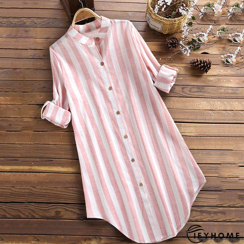 3/4 Sleeve Cotton Linen Striped Casual Casual Top & Tunic Blouse | IFYHOME