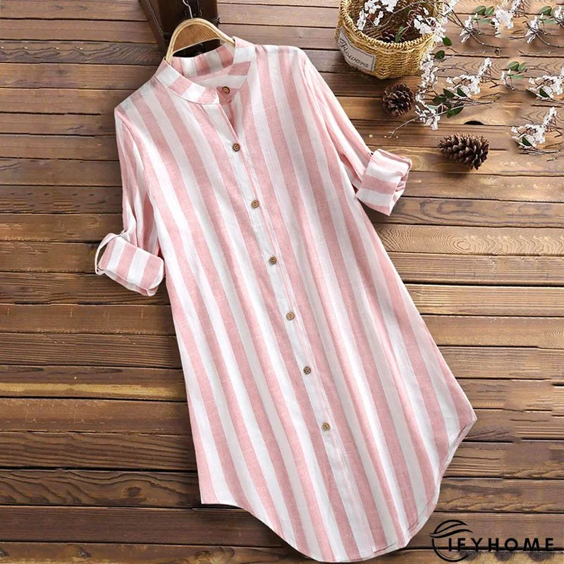 3/4 Sleeve Cotton Linen Striped Casual Casual Top & Tunic Blouse | IFYHOME