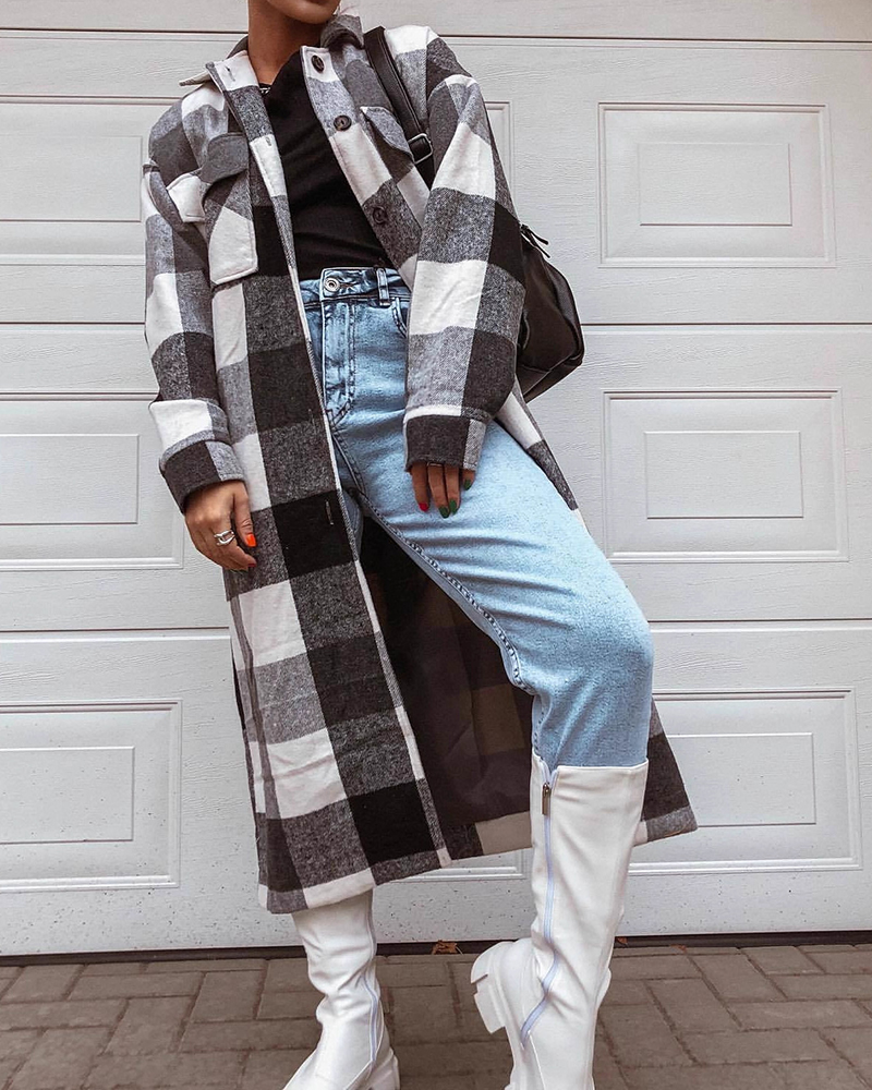 Plaid Long Sleeve Front Pockets Single Breasted Coat