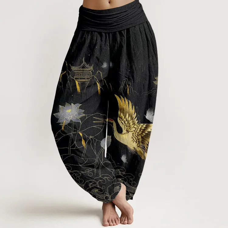 Cotton Crane Lotus Mountain Pavilion Pattern Women's Elastic Waist Harem Pants
