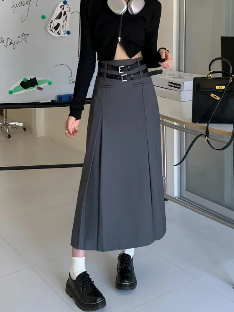 Huibahe Grey Long School Skirt Women Vintage Streetwear High Waist A-line Slim Korean Style Pleated Midi Skirt Autumn Fashionl