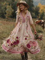 Classy Gradient Pink Roses And Striped  Embroidered Linen Maxi Dress - Image 2