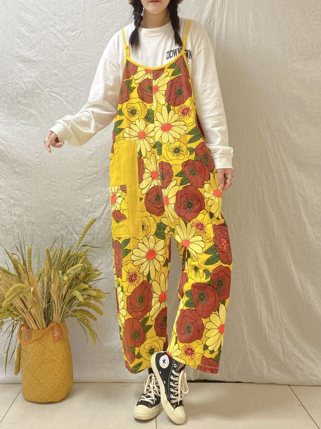 Women's Floral Printed Casual Retro Cropped Workwear Denim Overalls Jumpsuit