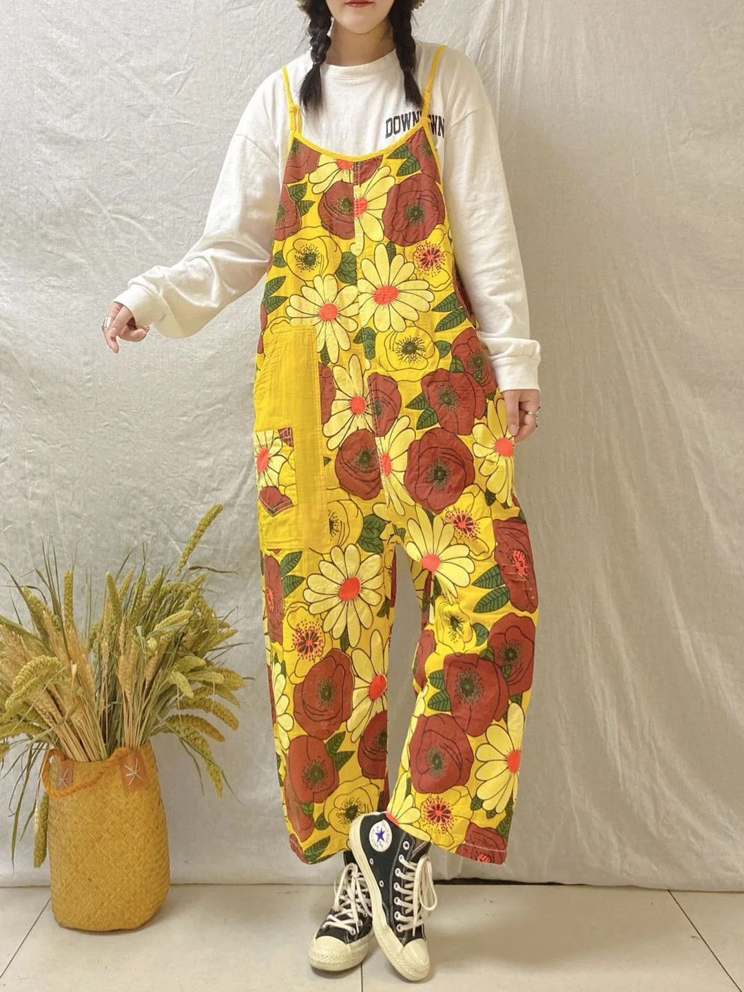 Women's Floral Printed Casual Retro Cropped Workwear Denim Overalls Jumpsuit