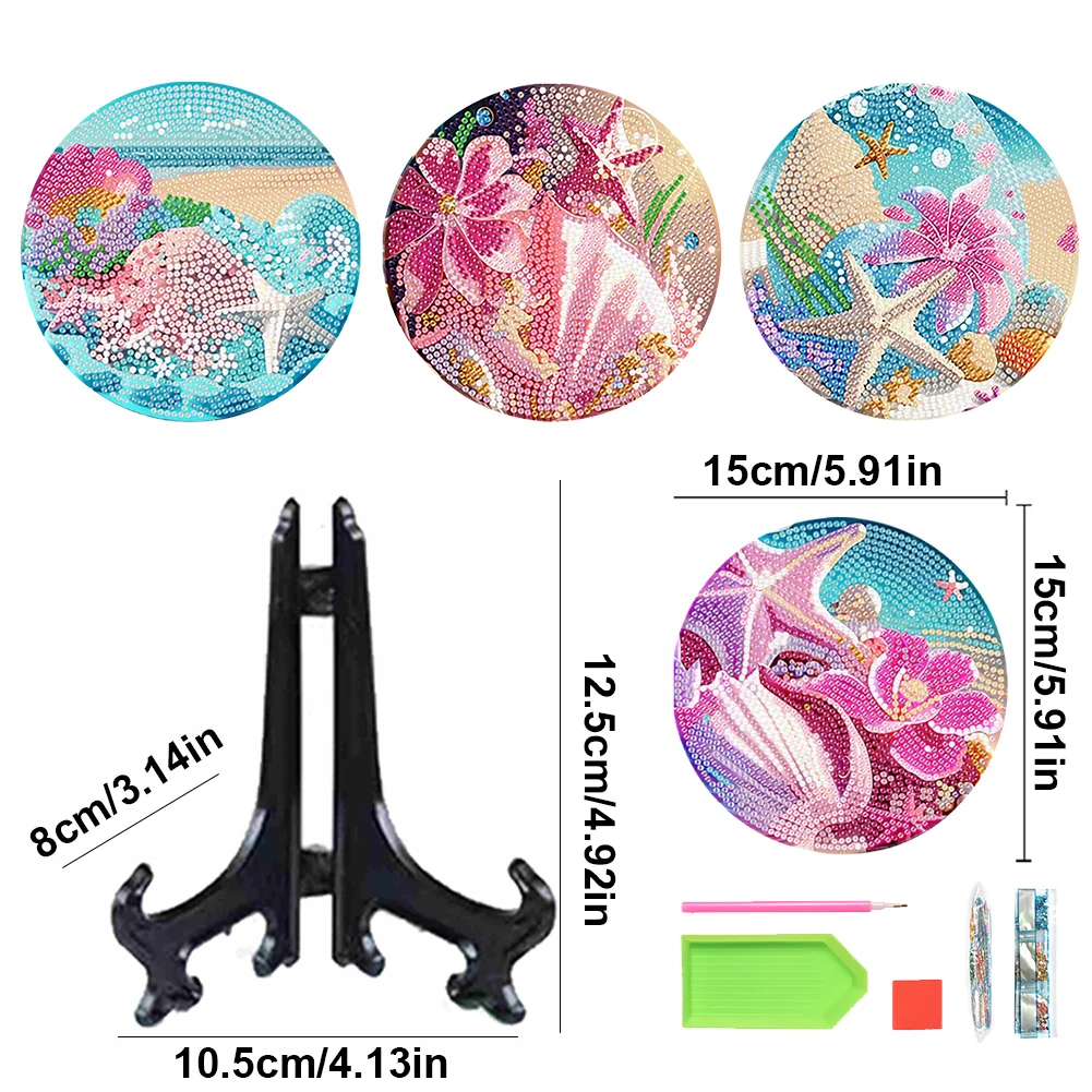 4pcs DIY Beach Starfish Acrylic Diamond Painting Placemats Kitchen Dish Mat with Holder