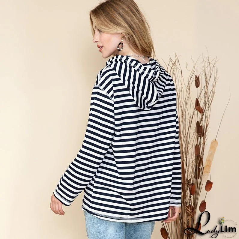 Shiying Striped Hooded Sweater, Women's Autumn Fashion, Loose-Fit Long Sleeve Top