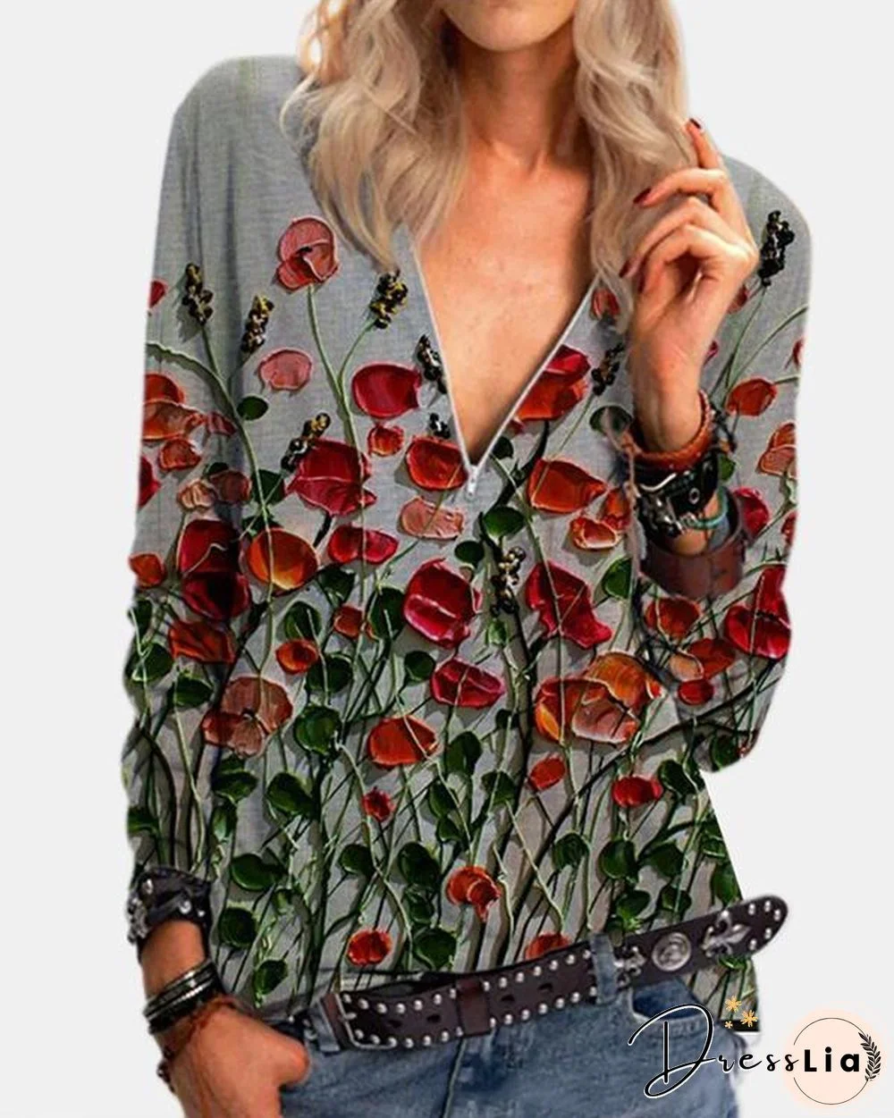 Flower Zipper Casual V-Neckline Blouses