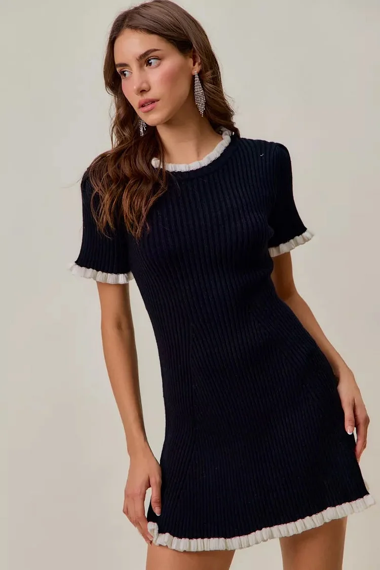 SO ME Contrast Ruffled Sweater Knit Mini Dress