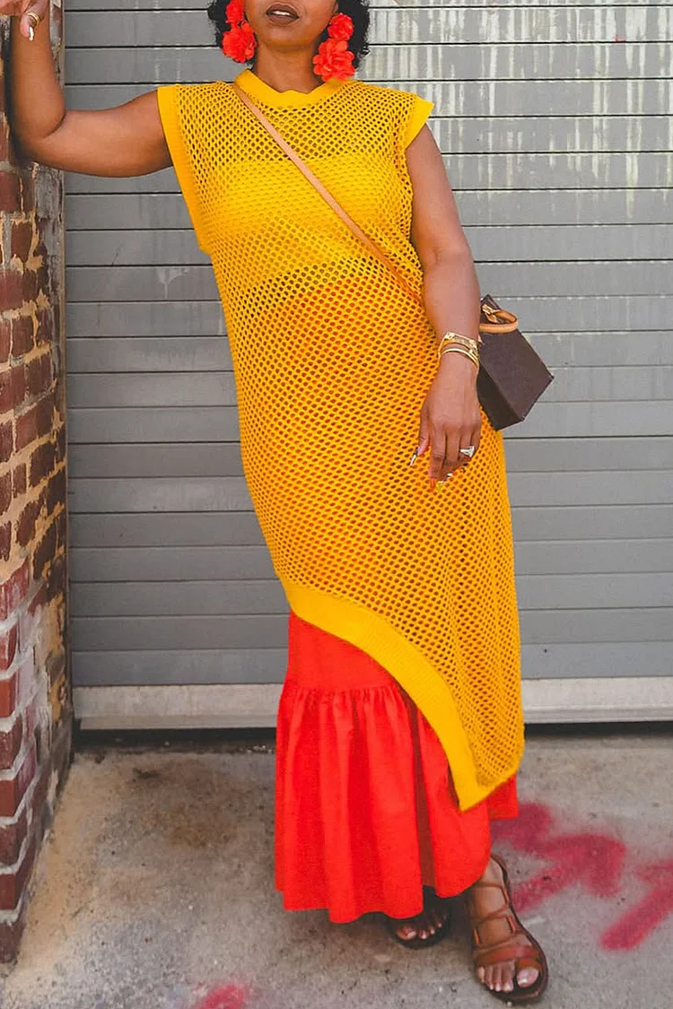 Plus Size Daily Yellow Round Neck Asymmetric Hem Casual Cut Out Tops [Pre-Order] 2024 - Xpluswear