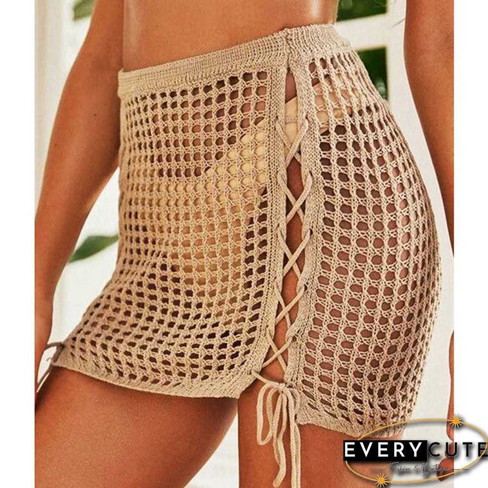 Khaki Hollow-out Side Drawstring Beachwear Mini Skirt