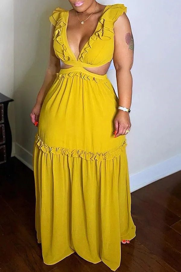 Brownm Sexy Deep Temperament Commute Backless Lace Chiffon Dress